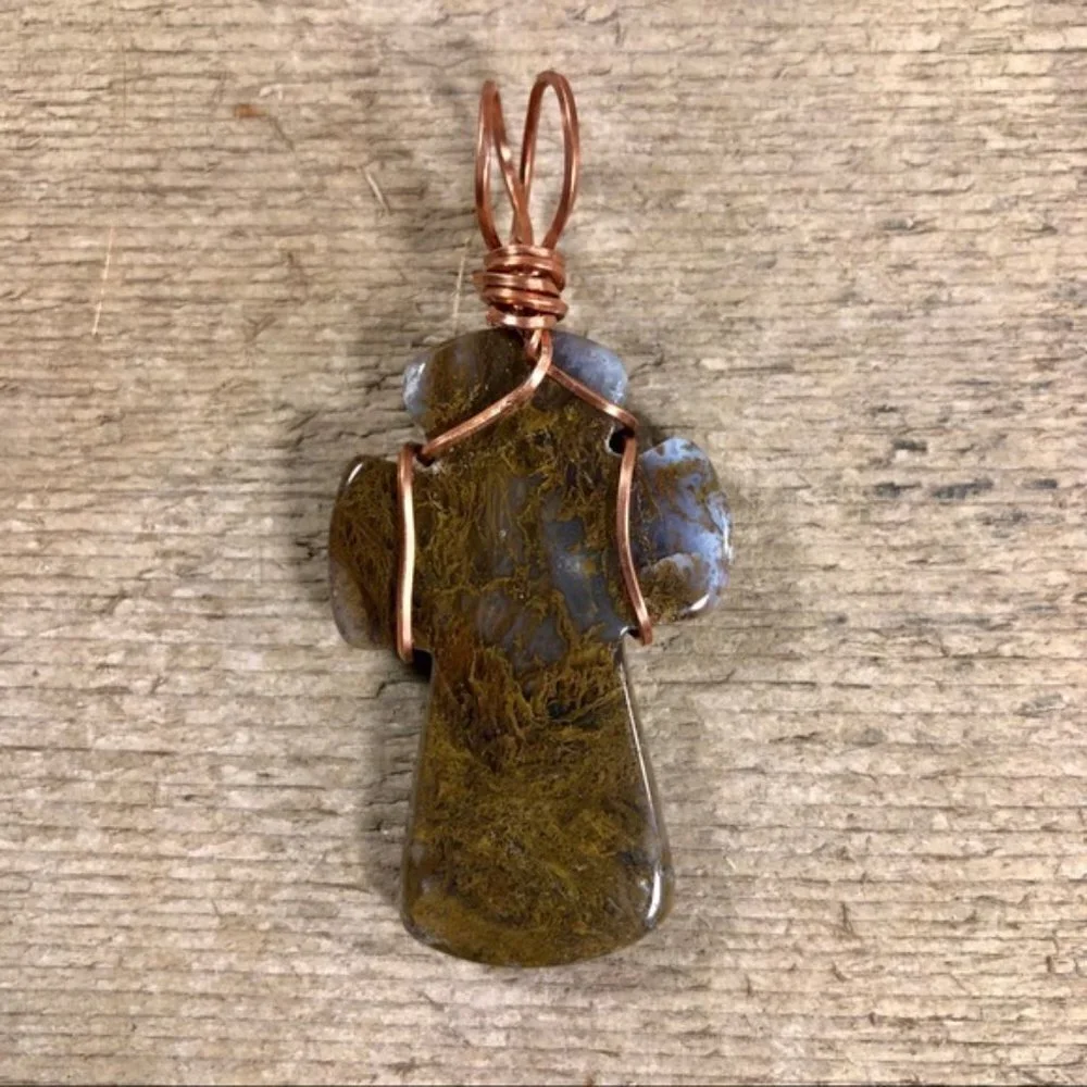 Fossilized Moss Agate Cross Necklace Pendant